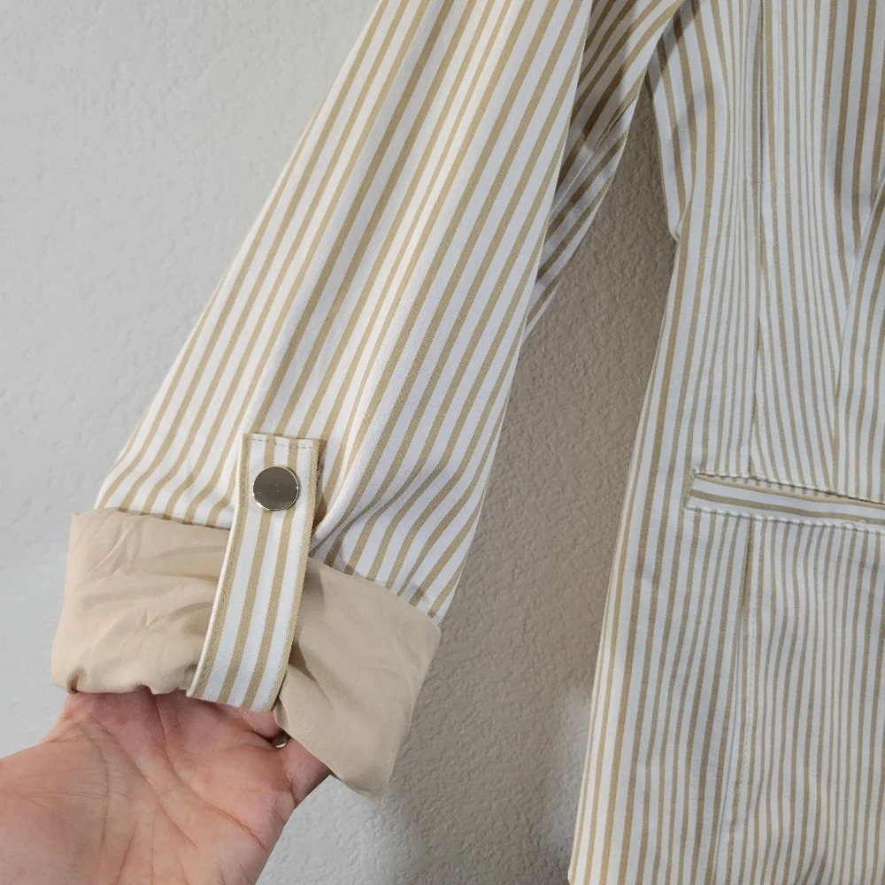 CHICO'S coastal tan striped cotton blend tab-sleeve single-button lined blazer